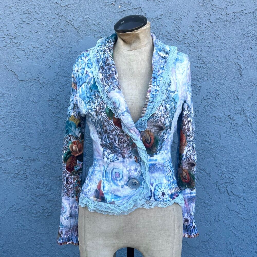 Alberto Makali Cardigan Y2k Lace Ruffle Sweater Size Small maximalist